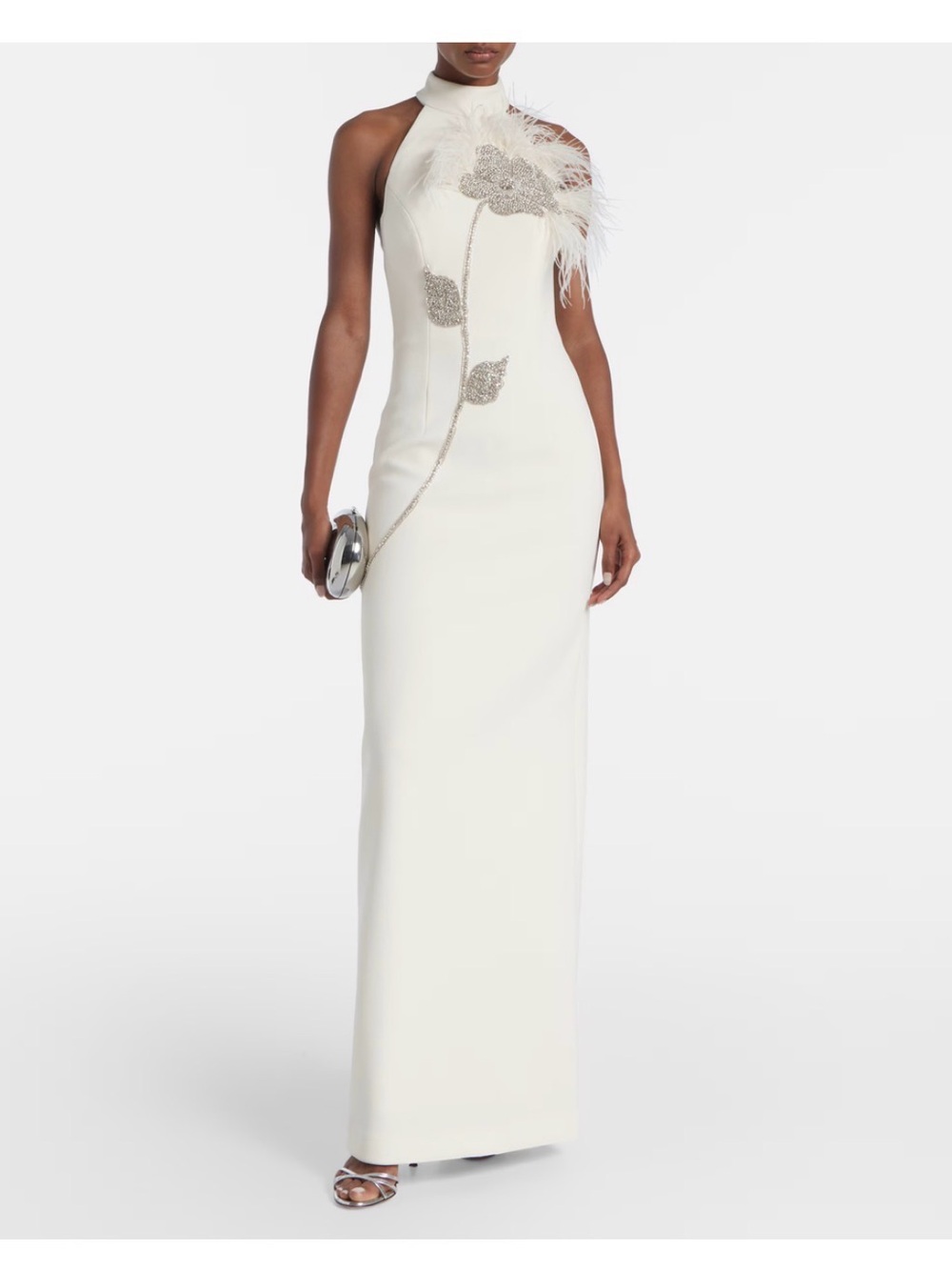 Rebecca Vallance White Halter Maxi Gown with Feather & Beaded Floral Detail